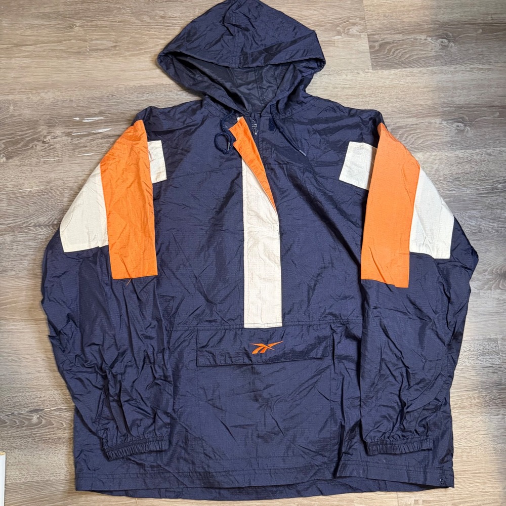 Vintage Reebok Windbreaker Mens XL Navy Orange Colorblock Anorak Hooded Jacket